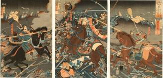 Uyesugi Kenshin engaged by Wakatsuki Heidayu (l.) and Nagasaka Gengoro (r.) at the battle of Kawanakajima