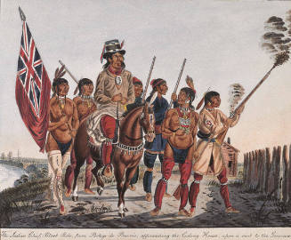 The Indian Chief, Black Robe, from Portage de Prairie, approaching the Colony House, upon a visit to the Governor