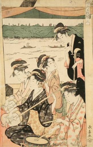 Geisha Musicians on a Pleasureboat in the Sumida River (panel two of a five panel print)