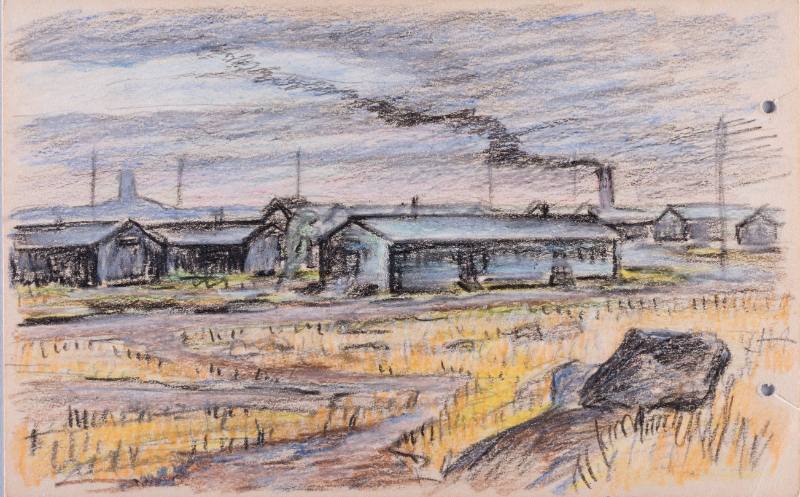 Untitled (landscape and barracks at Minidoka WRA Center, Hunt, Idaho)