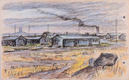 Untitled (landscape and barracks at Minidoka WRA Center, Hunt, Idaho)