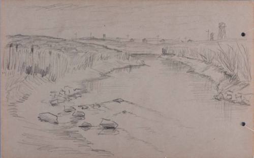 Untitled, double-sided sketchbook page (landscape with canal and buildings at Minidoka WRA Center, Hunt, Idaho; on reverse studies of a person's head, a pig, a shed and fence)