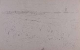 Untitled (landscape with buildings and water tower at Minidoka WRA Center, Hunt, Idaho)